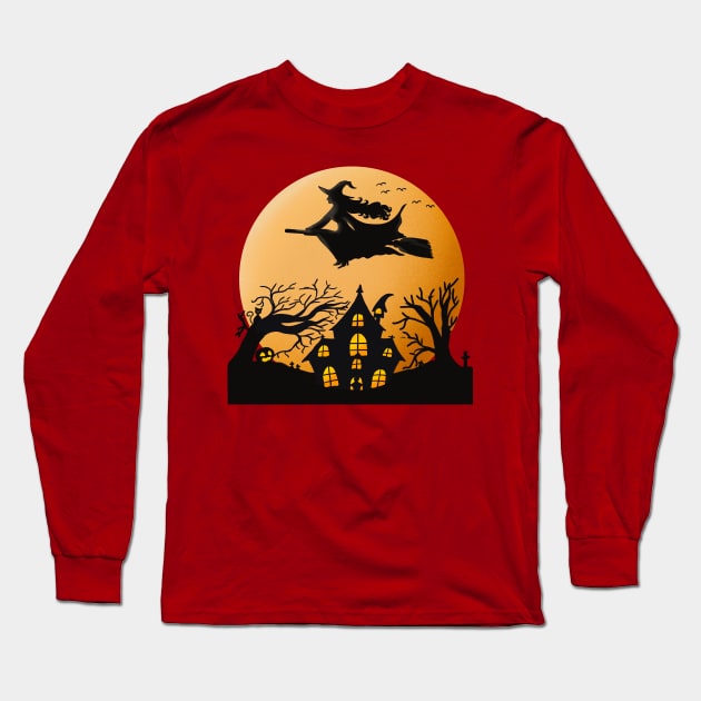 Creepy Witch With Broom Halloween T-shirt Long Sleeve T-Shirt by AYOUCHKA